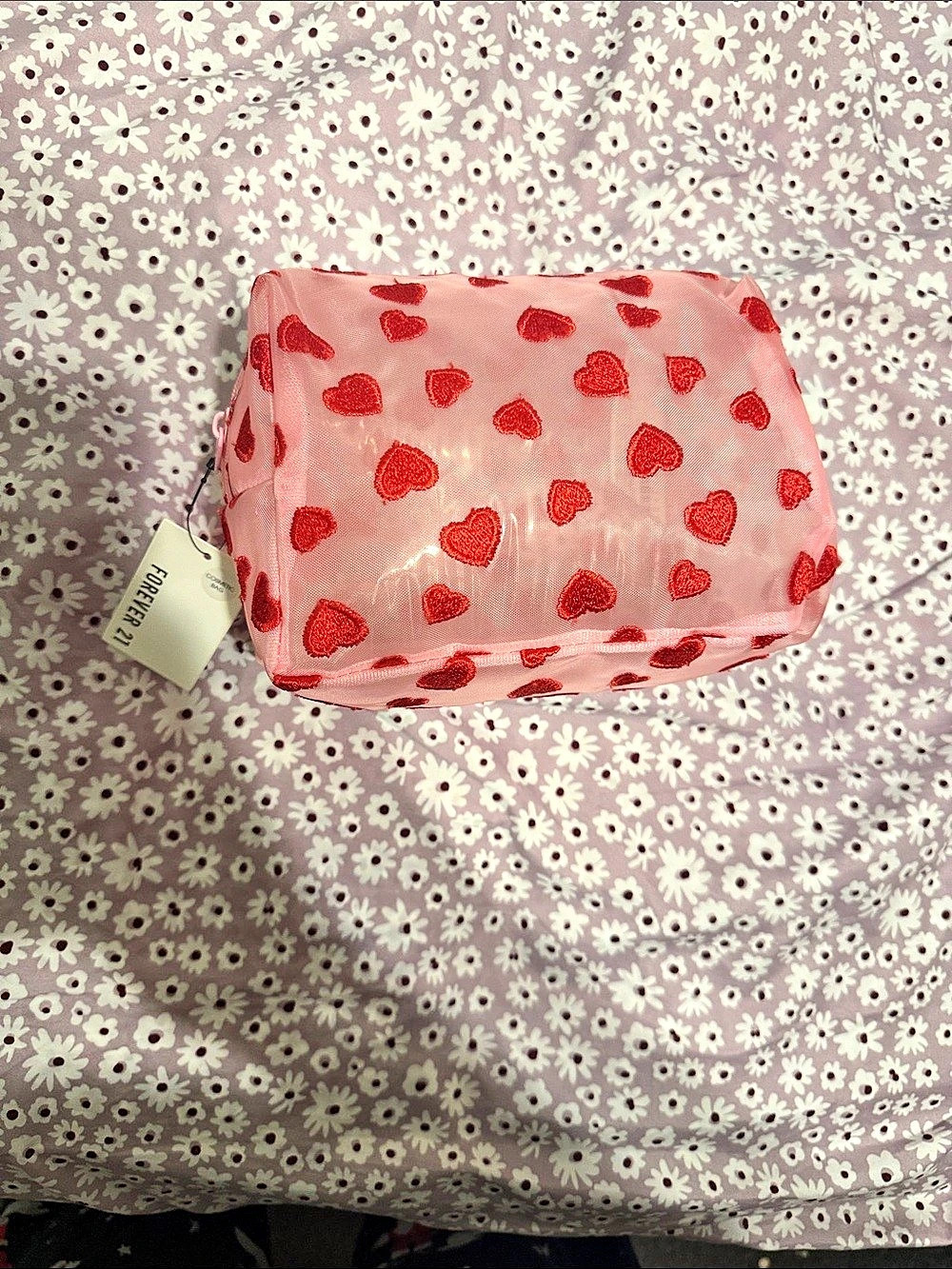 Forever 21 Heart Embroidered Mesh Cosmetic Bag Pink & Red